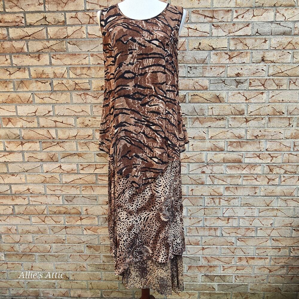 90s Animal Print Cheetah Tiger Sleeveless Tunic Tank Layered Vtg Dress‎ Phool S*